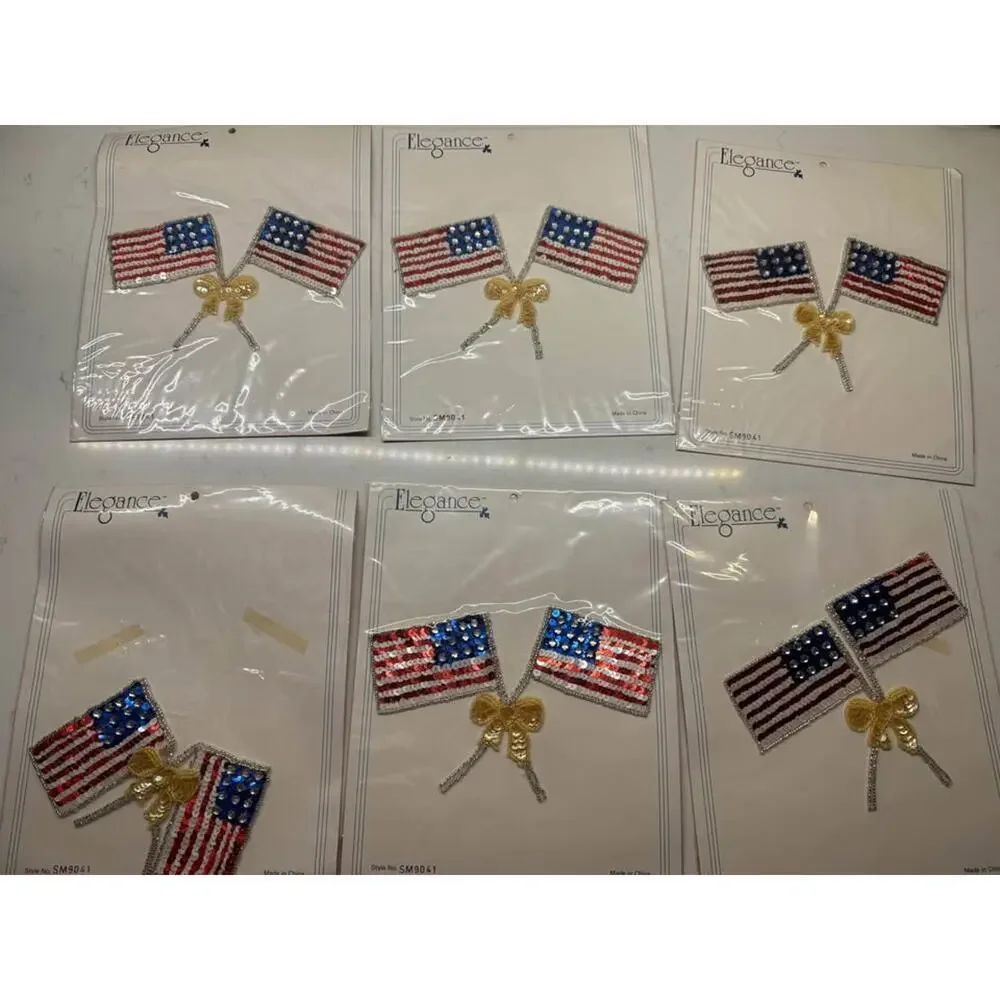 Elegance Vintage New Double American Flag Sequin Appliqué patches - lot of 6